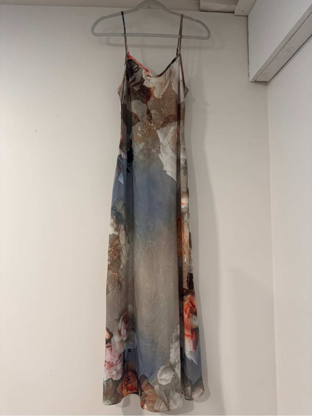 AllSaints Floral Ombre Slip Midi Dress in Blue, Brown, Cream